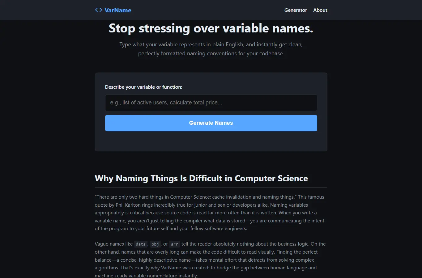 Screenshot of VarName: Coding Variable Helper interface showing the project page in use